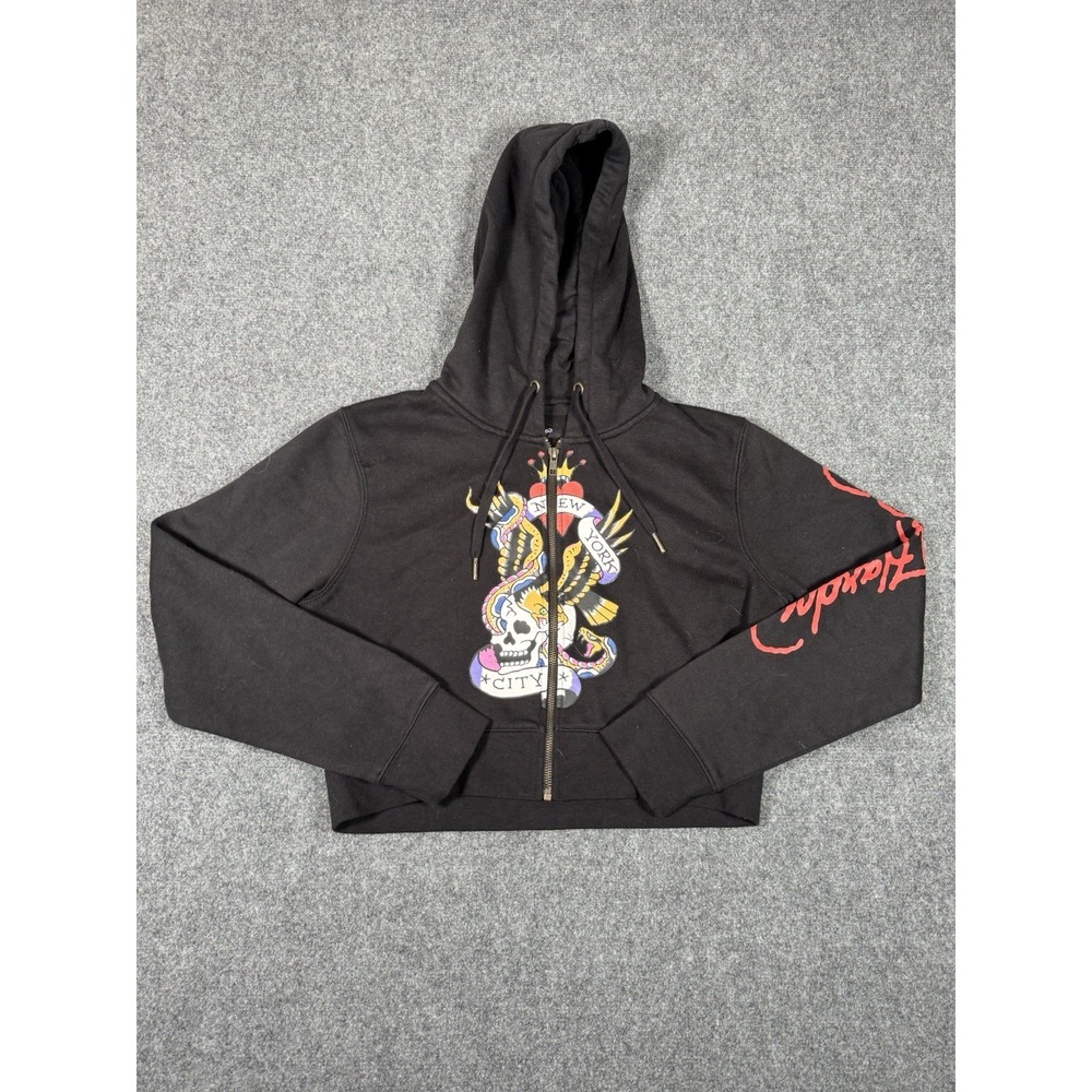 Ed Hardy Cropped Hoodie Womens XL Black New York City Skull Eagle Snake Y2K